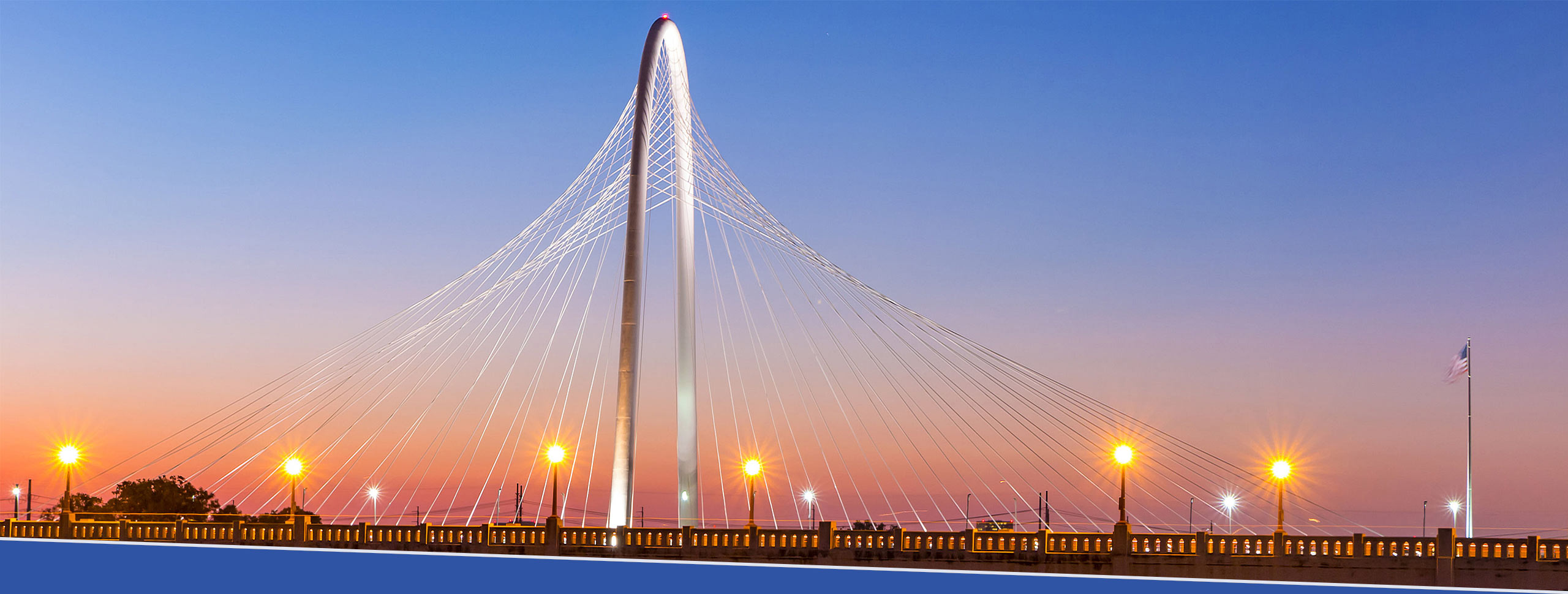 Sunrise at Margaret Hunt Hill Bridge, with Ronald Kirk Pedestrian Brigde in the foreground. Dallas, Texas.